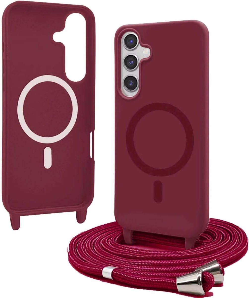 beschermhoes met koord voor Samsung Galaxy S24 FE, [compatibel met MagSafe], siliconen hoes, verstelbaar, omhangkoord, nylon ketting, schouderriem, rood