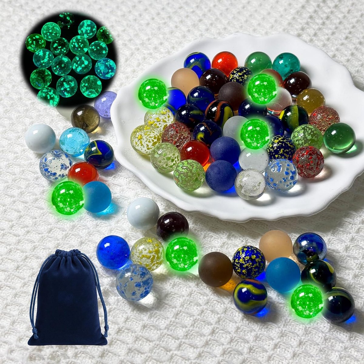 60 glazen ks set (16mm x 50 - kleurrijke kleine met patronen + 16mm x 10 glitterende ks), opbergzak voor glazen bollen, kleurrijke ks glazen mix voor kspel, decoratie