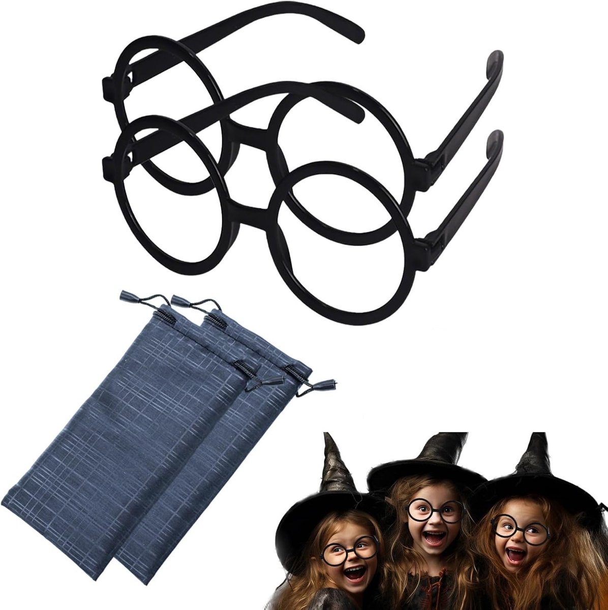 2 paar zwarte speelbril voor kinderen, rond, zonder glas, met zakken, voor carnaval, feest, kostuum, cosplay, valse bril, ronde fitting