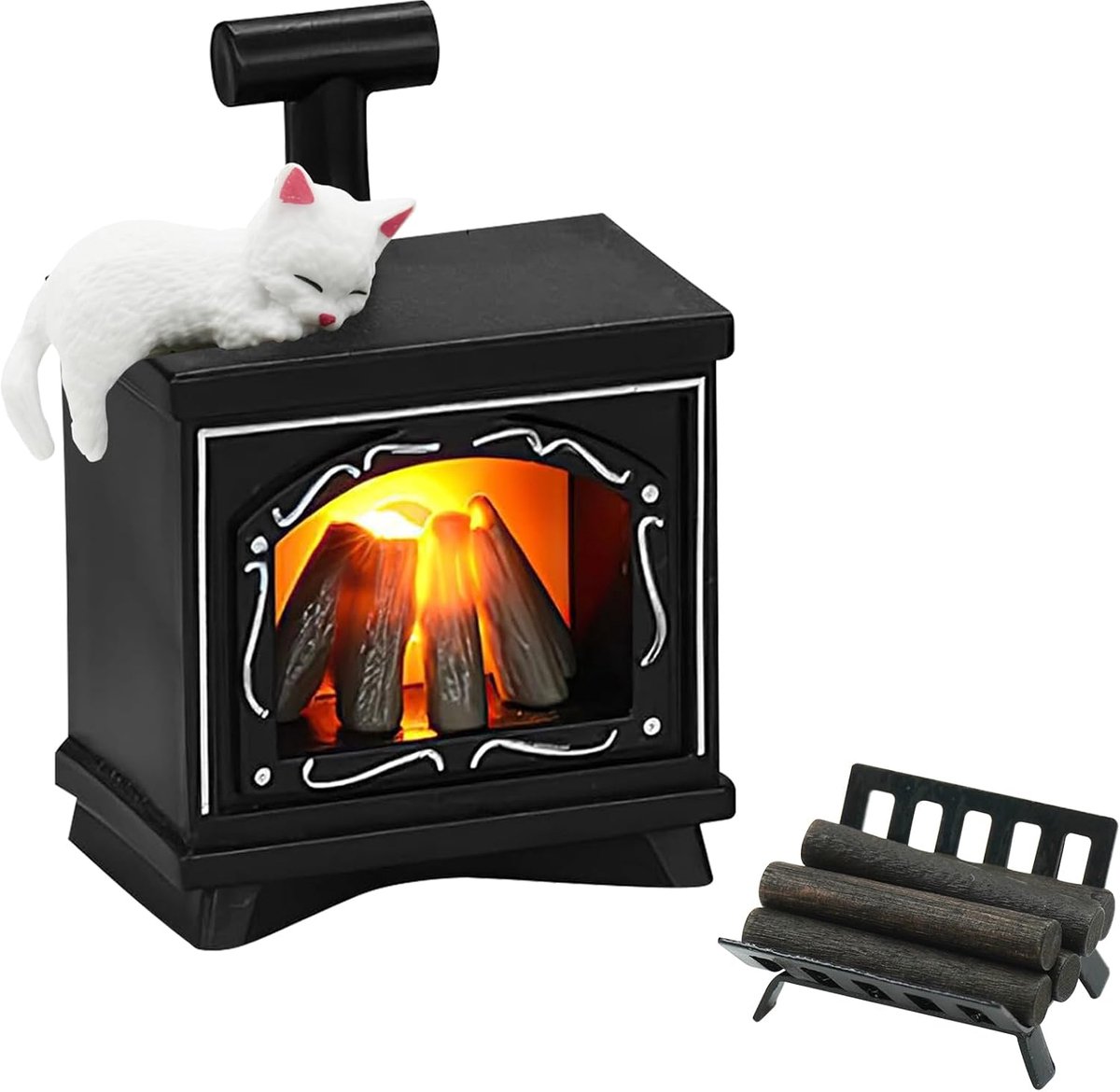 Kabouteraccessoires, miniatuurhaard, realistisch accessoire voor open haard met hout en kat, mini-haard, miniatuuraccessoires voor poppen
