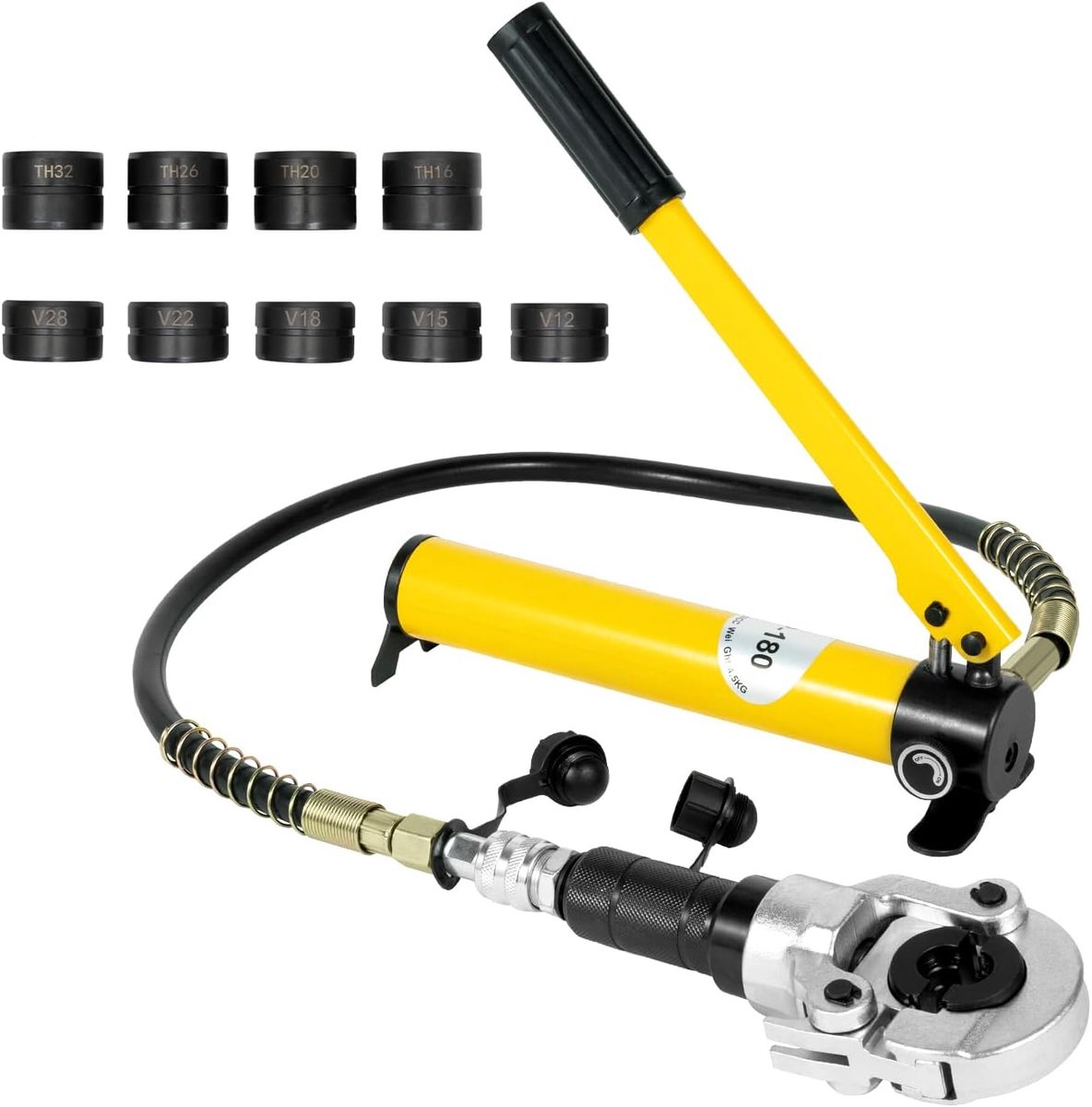 Krimptang 6 ton met 9 matrijzen handmatige hydraulische pomp 360° draaibaar voor buizen, aluminium, koper, PEX, verwarming, gas, installatie (geel)