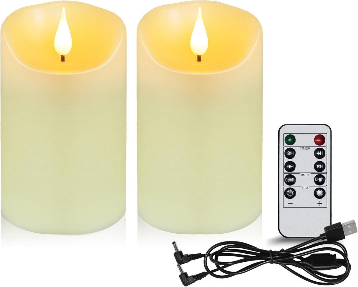 Kaarsen [2 stuks] - USB & Realistische Vlamschijn | Vlamloos met Timer en Afstandsbediening voor Gezellige Kerst & Feestdagen | Sfeerverlichting - 7,5x15 cm