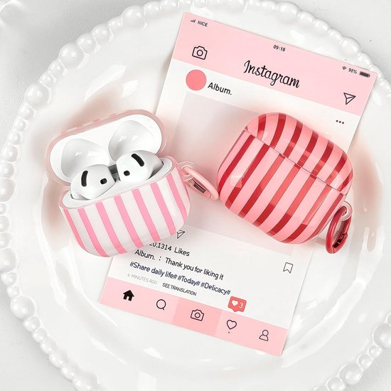 Hoesje compatibel met AirPods 3 met reinigingsset, schattig gestreept zacht TPU-esthetisch ontwerp voor meisjes en vrouwen, schokbestendige sleutelhanger hoes voor Airpods 3e generatie - roze — afbeelding 5