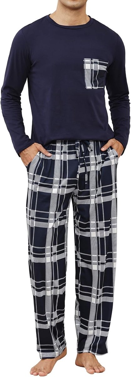 Herenpyjama met lange mouwen en geruite broek, 2-delige pyjamaset, zachte comfortabele loungewear herennachtkledingset met zakken