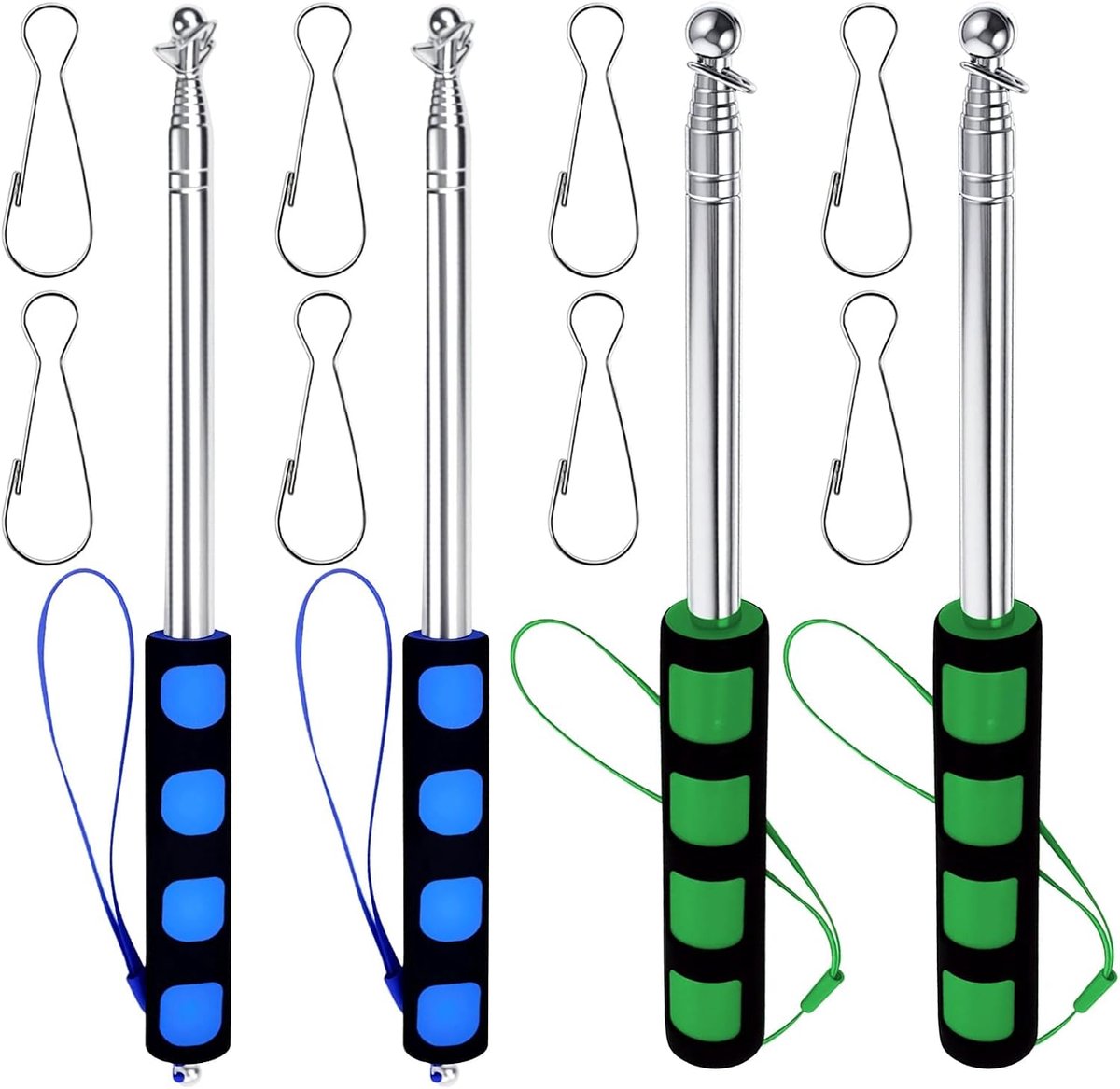 Vlaggenstang, 2 m, handheld telescopische vlaggenmast, roestvrij staal met clips, telescopische stang, uittrekbaar voor reizen, camping, reisgids, leraar (4, 2 blauw en 2