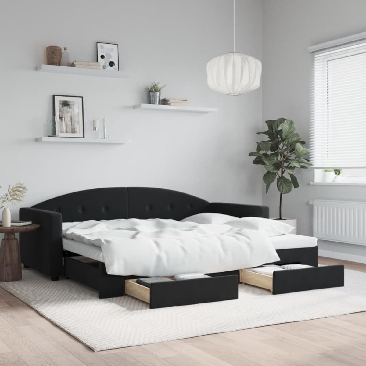 Strutrua Slaapbank, uittrekbaar, van fluweel, zwart, met laden en wieltjes, 90 x 200 cm, slaapbank 2-zits, slaapbank van fluweel, slaapbank voor 2-zitsbank