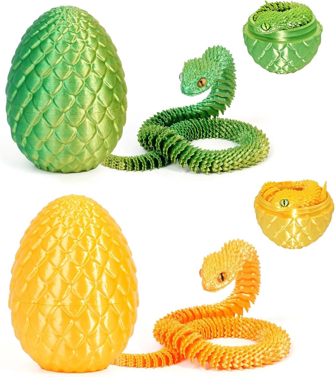 3D-geprinte slang met ei, 3D-slangenfiguur in paaseieren, articuleerbare slang, kantoorspeelgoed voor op het bureau, fidget-speelgoed, voor volwassenen en kinderen, goud en groen