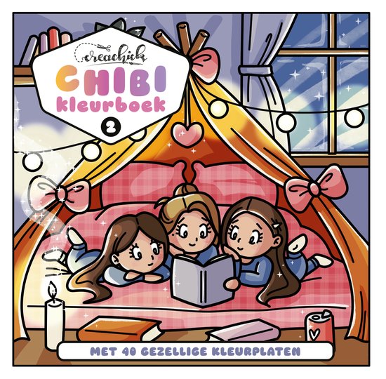 Drie meisjes liggen in een hemelbed en lezen een boek. Boven hen staat 'CreaChick CHIBI kleurboek 2'.