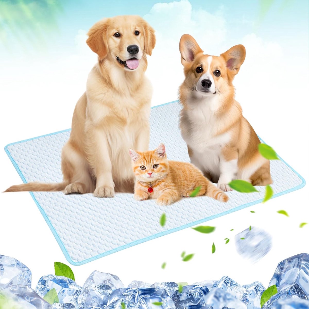 Koelmat voor honden en katten, zelfkoelende hondenmat, wasbare koeldeken voor huisdieren, grote L koelkussen voor binnen, buiten en auto (blauw, 80 x 60 cm)