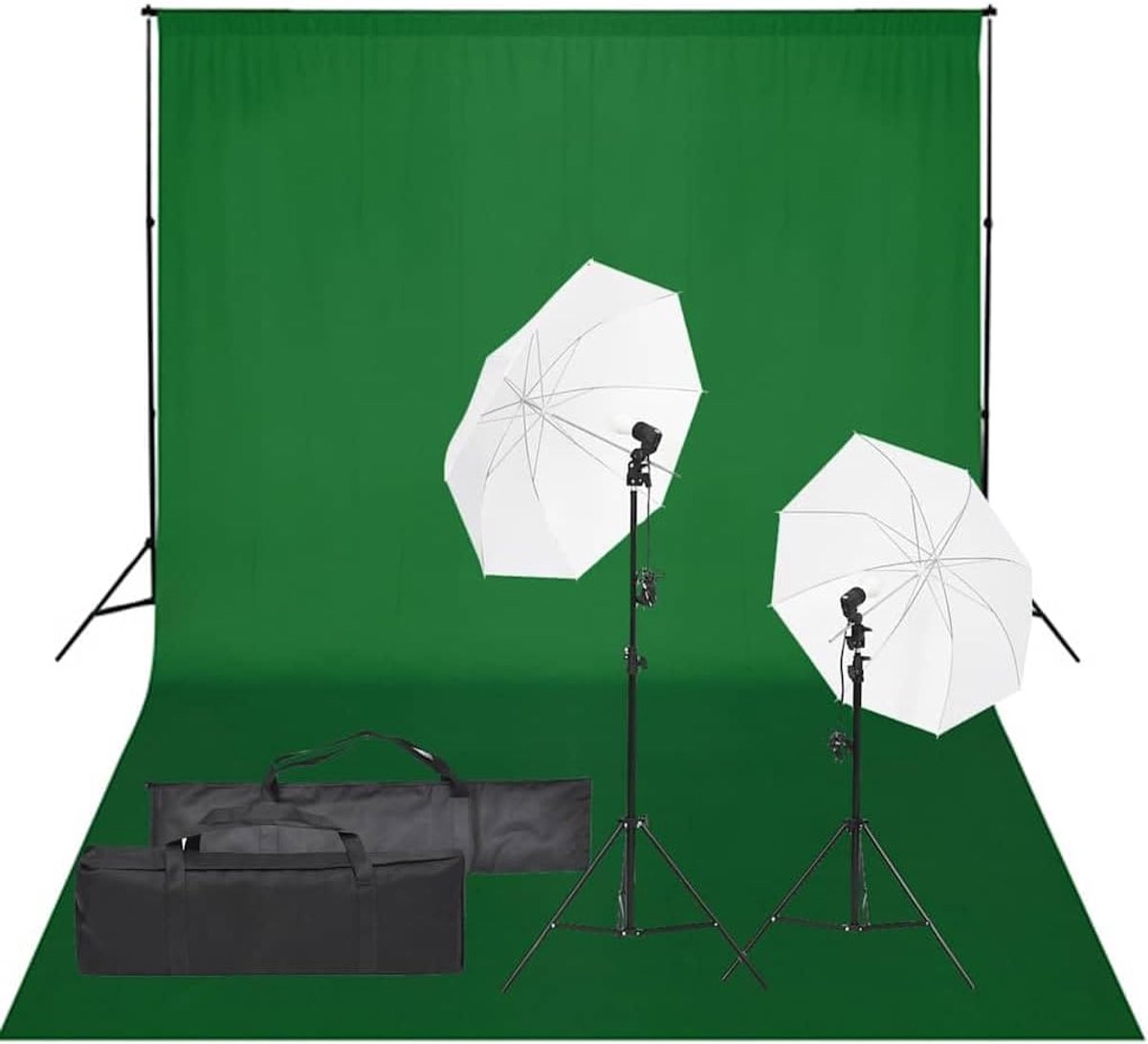 Fotostudio-set met verlichting, 5500 K daglichtlampen, 84 cm schermen, telescopisch achtergrondsysteem en groene fotoachtergrond 500 x 300 cm voor professionele opnames