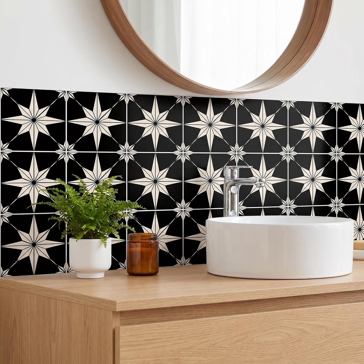 Tegelstickers 30 stuks, 10 x 10 cm zwart-wit waterdichte verwijderbare vinyl backsplash stickers voor keuken, badkamer, wasserij, camper en trapverhogers (zwart)