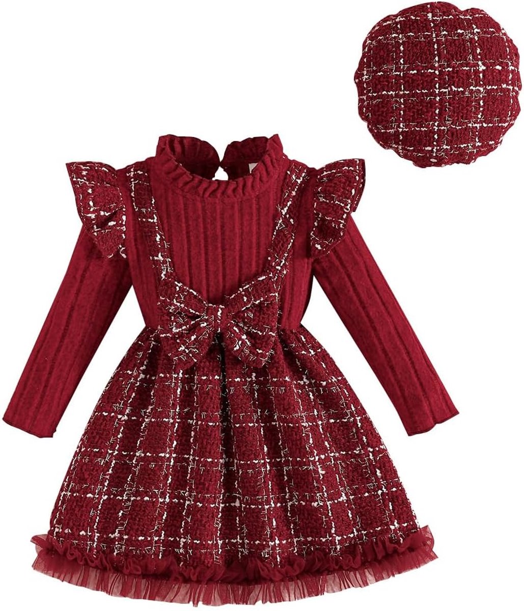 Jurk baret peuters baby meisjes tweed patroon strik tule trim