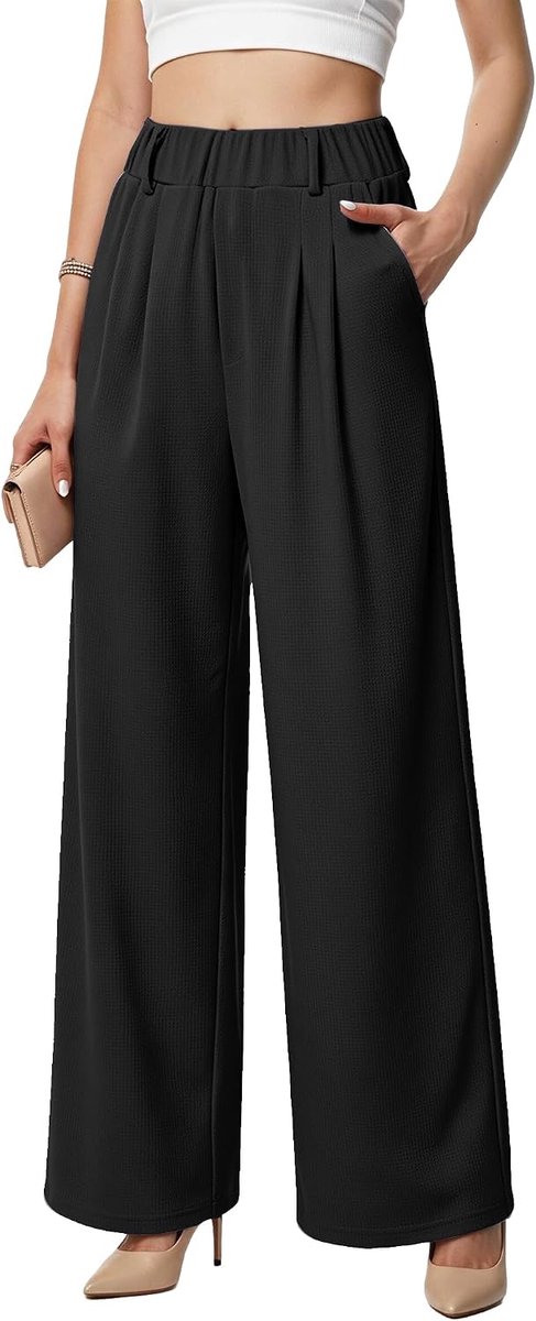 damesbroek met hoge taille, losse palazzo-broek, werkbroek met brede pijpen, comfortabel, licht, elastisch, lang, met zakken voor zaken, kantoor, casual