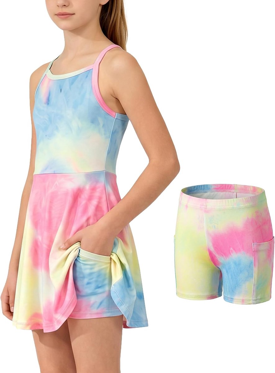 Tennisjurk voor meisjes, mouwloos, sportjurk + shorts, golf, tennis, sportkleding, set, trainingskleding, sportpak, joggen, workout, tie-dye jurk