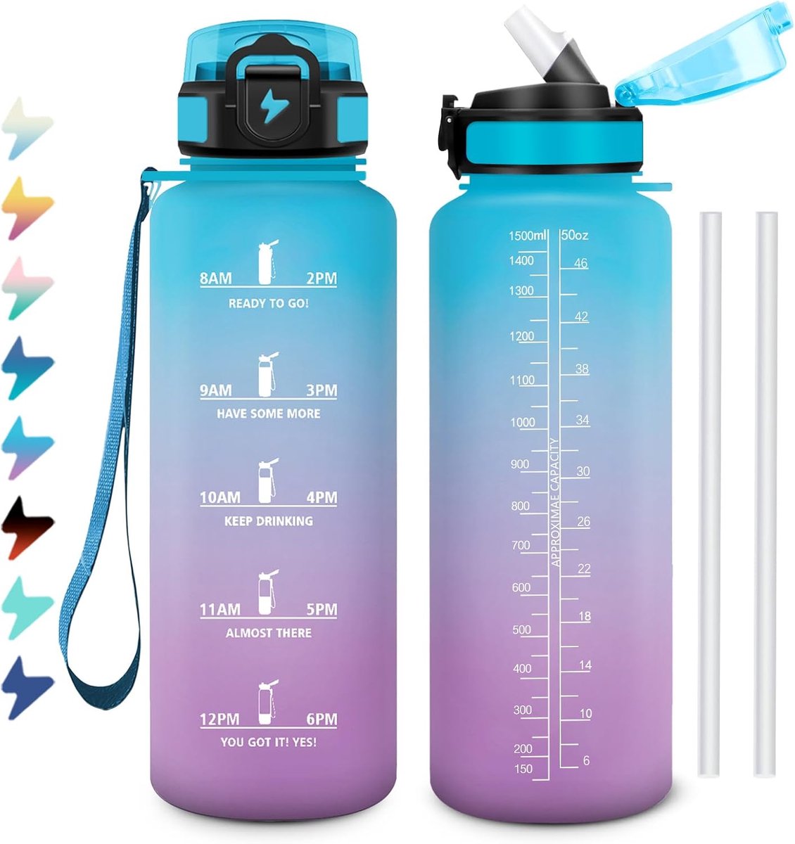 1,5 l, lekvrij, gemakkelijk te openen, waterfles met tijdweergave, drinkfles met rietje, voor sportschool, hardlopen, kantoor, camping, school