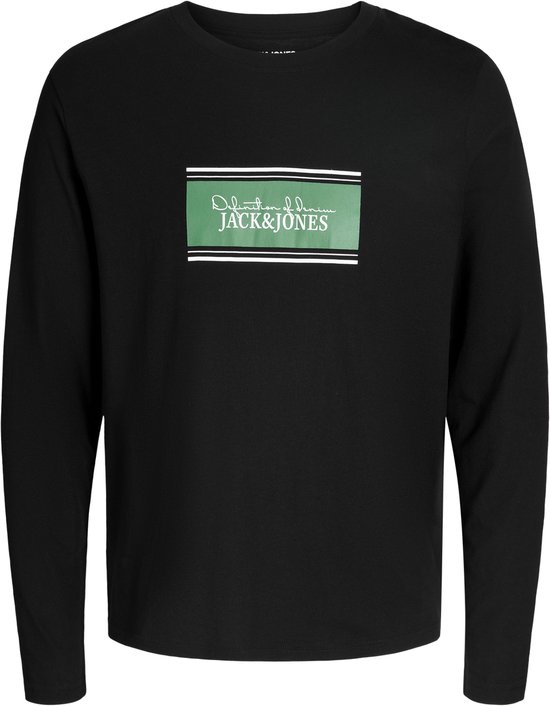 Zwarte longsleeve met op de voorkant een groene rechthoekige print met de tekst 'Originals denim Jack & Jones'.