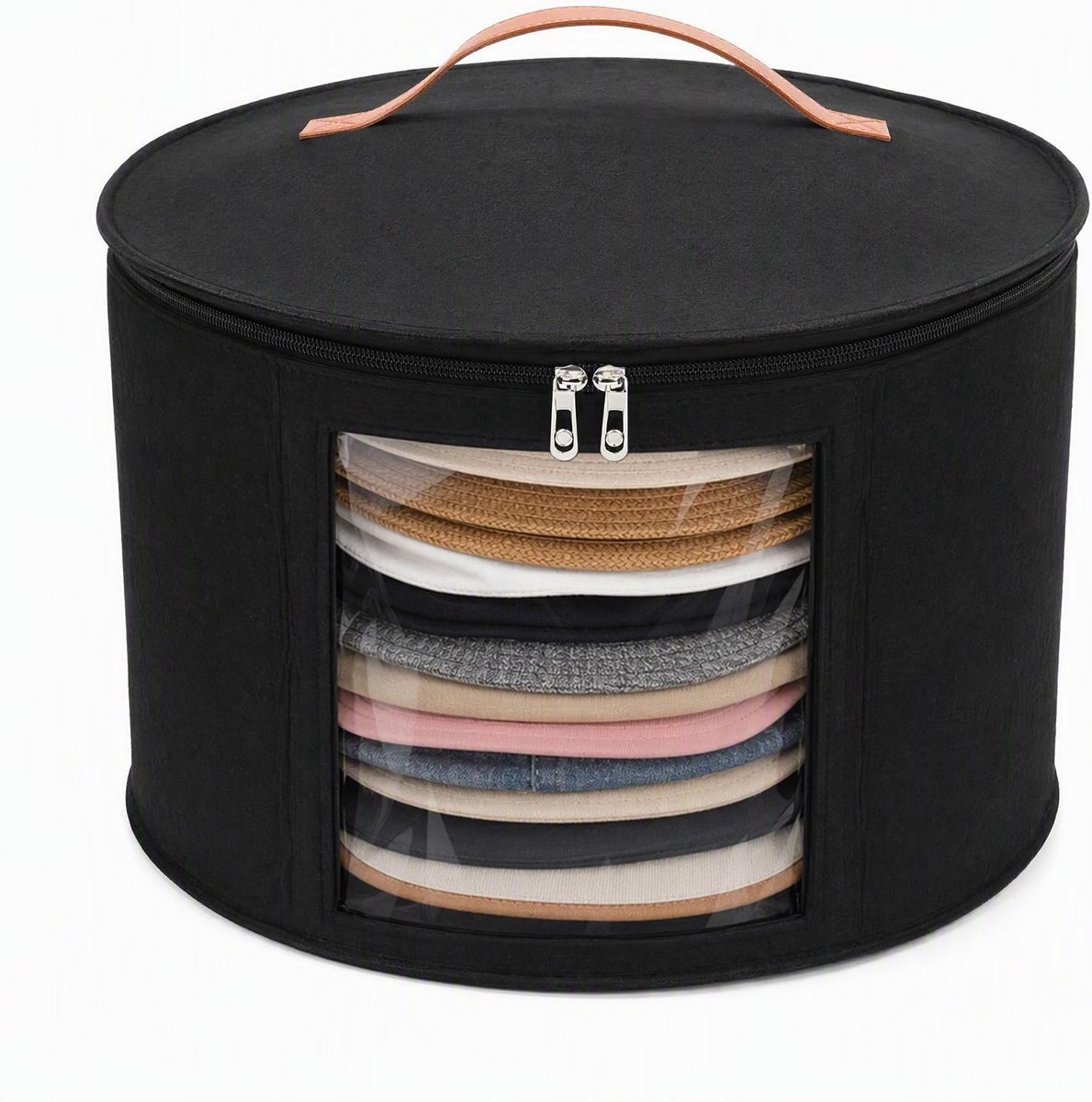 43 x 26 cm hoedendoos, rond, met deksel, opvouwbare vilten opbergdoos voor hoeden, kleding, grote stofdichte hoedkoffer met transparant venster en leren handvat