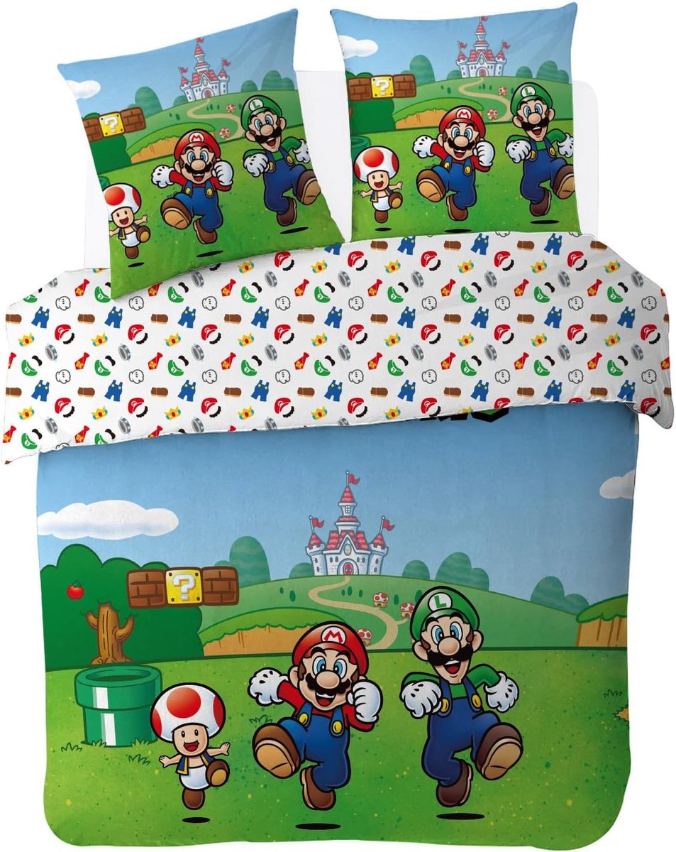 - Super Mario dekbedovertrek 200 x 200 cm + 2 kussenslopen 63 x 63 cm - 100% katoen - groen en blauw
