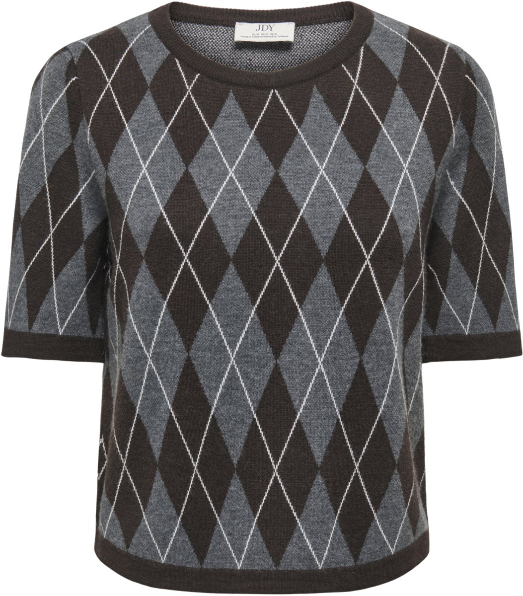 Jacqueline de Yong Trui Jdymaggy S/s Argyle Pullover Knt N 15382048 Dark Grey Melange/chocolate Torte & Dames Maat - M