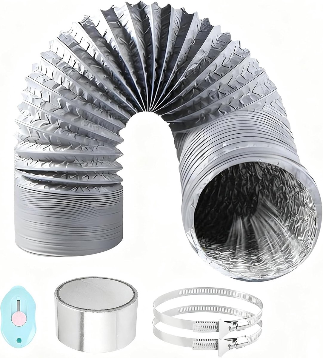 150mm lengte 6m PVC Flexibele Aluminium Pijpslang Aluminium Aluflex Slang met 2 RVS Slangklemmen en Aluminiumfolie Tape voor Airconditioners Wasdroger Afzuigkap (Grijs)