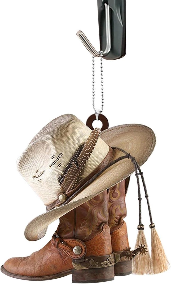 Auto Hanger en Spiegel Ornament Decoratie Met Gordijnen, Achteruitkijkspiegel Accessoires, Interieur Met Cowboylaarzen en Hoeden in Platte Stijl