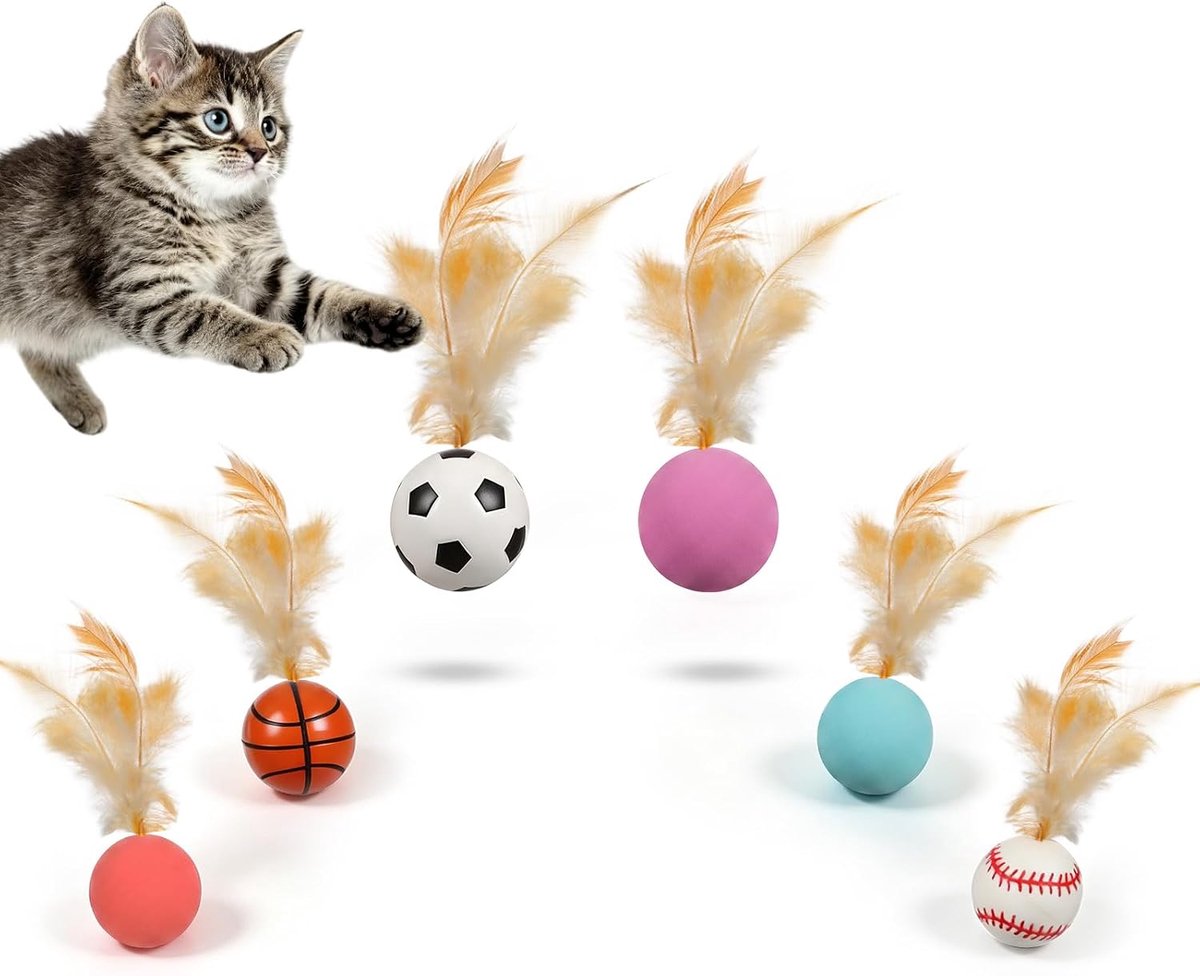 6 stuks springende kattenbal met veer, interactieve wiebal