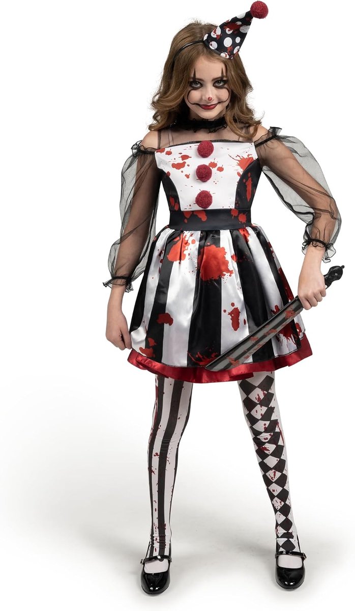 Spooktacular Creations Eng Clown Kostuum Zwart Wit Bloederig Nar Jurk voor Meisjes - maat L