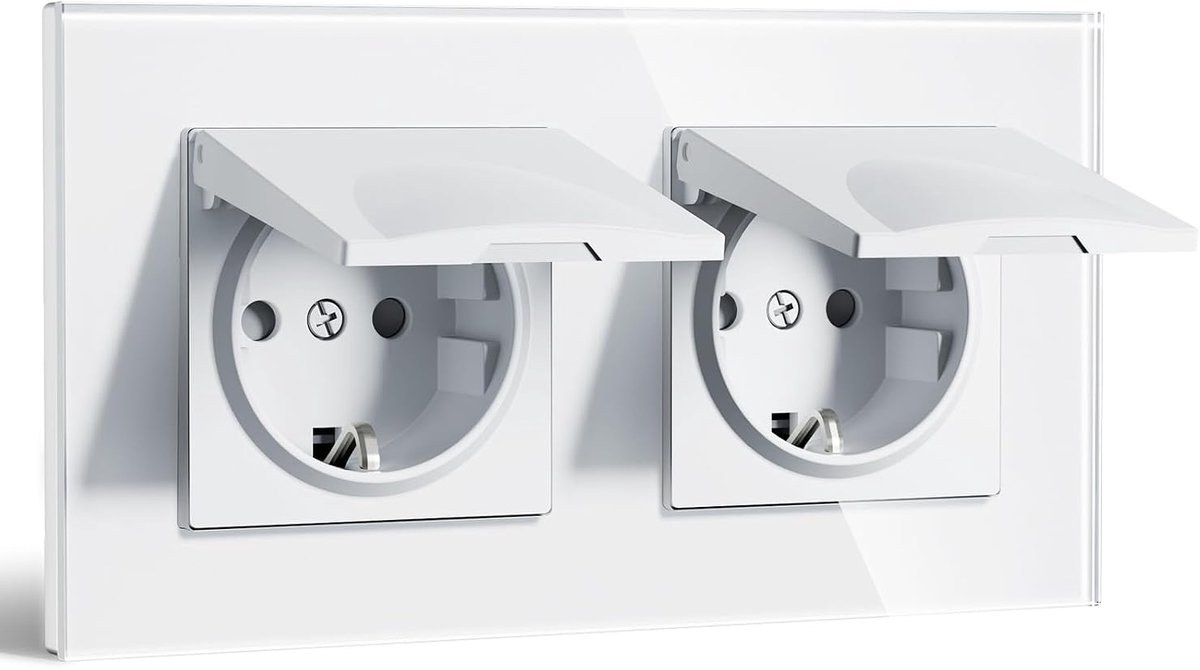 Schuko-stopcontact, EU-standaard, wandcontactdoos 16 A, met glazen frame, met waterdichte hoes, inklapbare klauwen, type F met aarde, 2-weg, 157 x 86 mm, wit