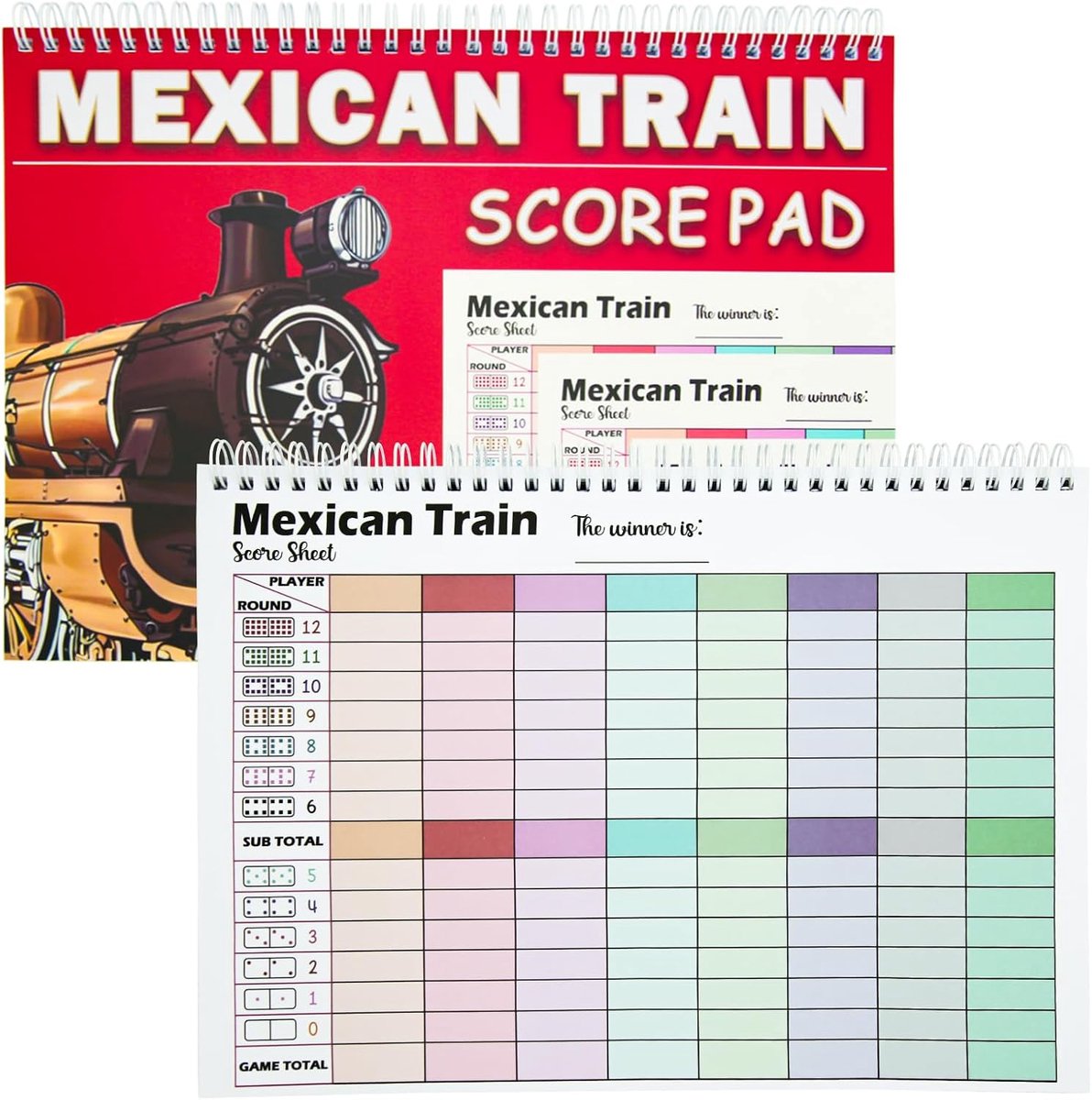 50 vellen Mexicaanse trein scoreblokken, kleurrijke kippenpoot domino scorebladen met spiraalbinding, accessoires voor het Mexicaanse treinspel, scorebord voor spelletjesavonden met het gezin