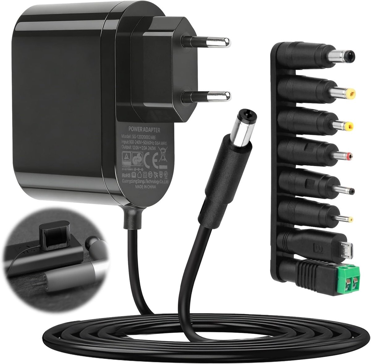 12 V, 2 A, voeding AC 100 V, 240 V naar DC12 V, driver 5,5 mm, met 8 adapters, converterstekker, oplader AC-DC (2 A)