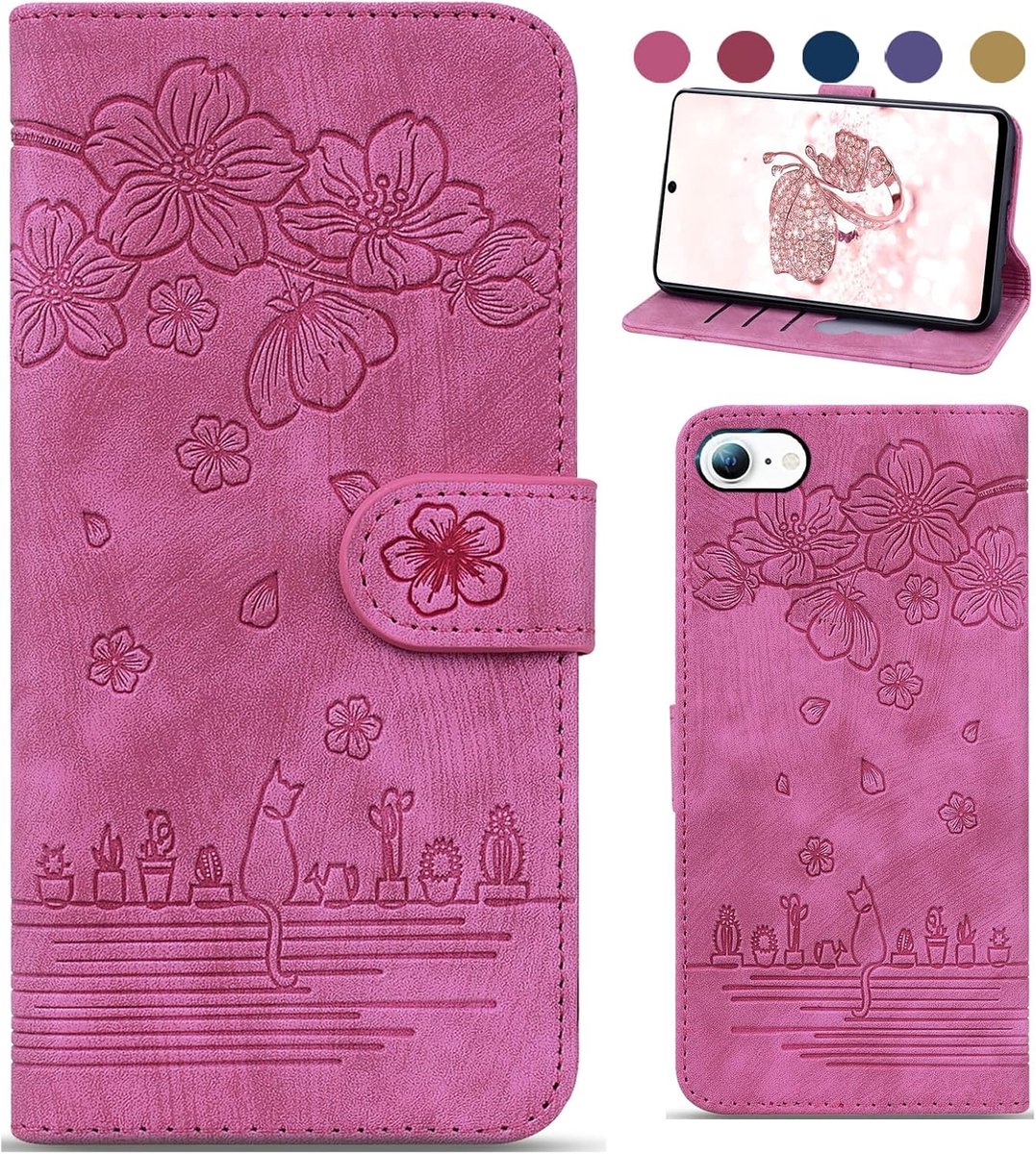 Beschermhoes voor iPhone 16e, beschermhoes van PU-leer, klaphoes, portefeuille, kat en magneetsluiting, flip case met [standfunctie] voor iPhone 16e - roze
