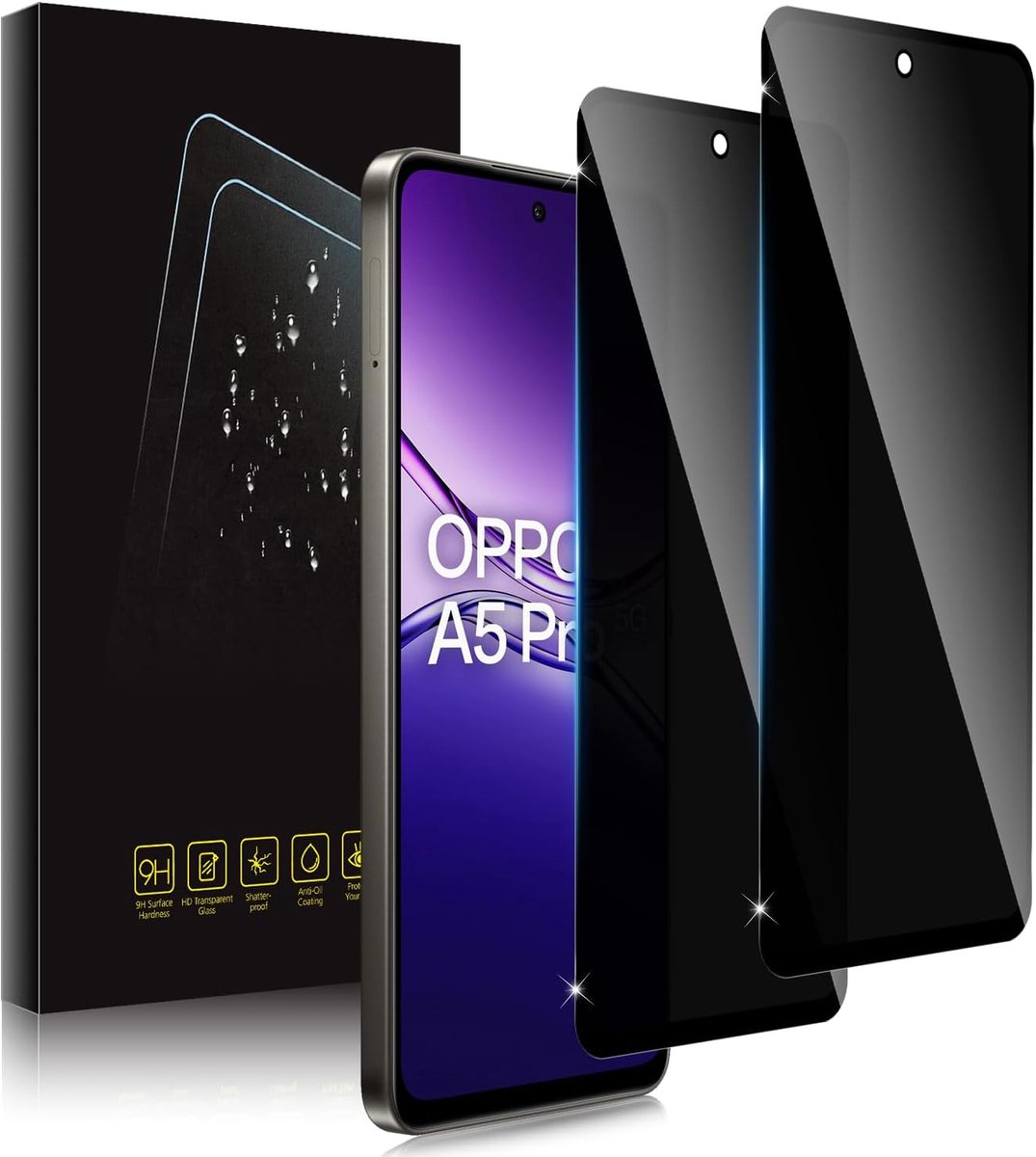 Beschermfolie voor OPPO A5 Pro 4G/5G, anti-spy, privacyfolie, bescherming voor pantserglas, 2 stuks, privacybeschermfolie, zwarte rand, privacybeschermglas