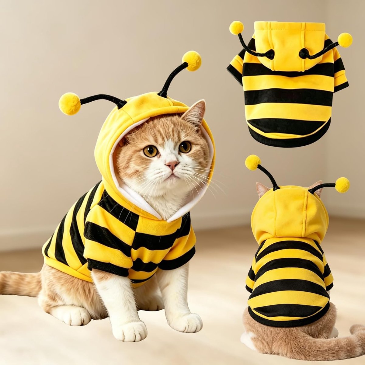 kostuum voor kat en schattige kat, Halloween kleding voor katten en katten met capuchon voor kleine honden en kittens, Halloween kostuum voor huisdieren, geel, maat L