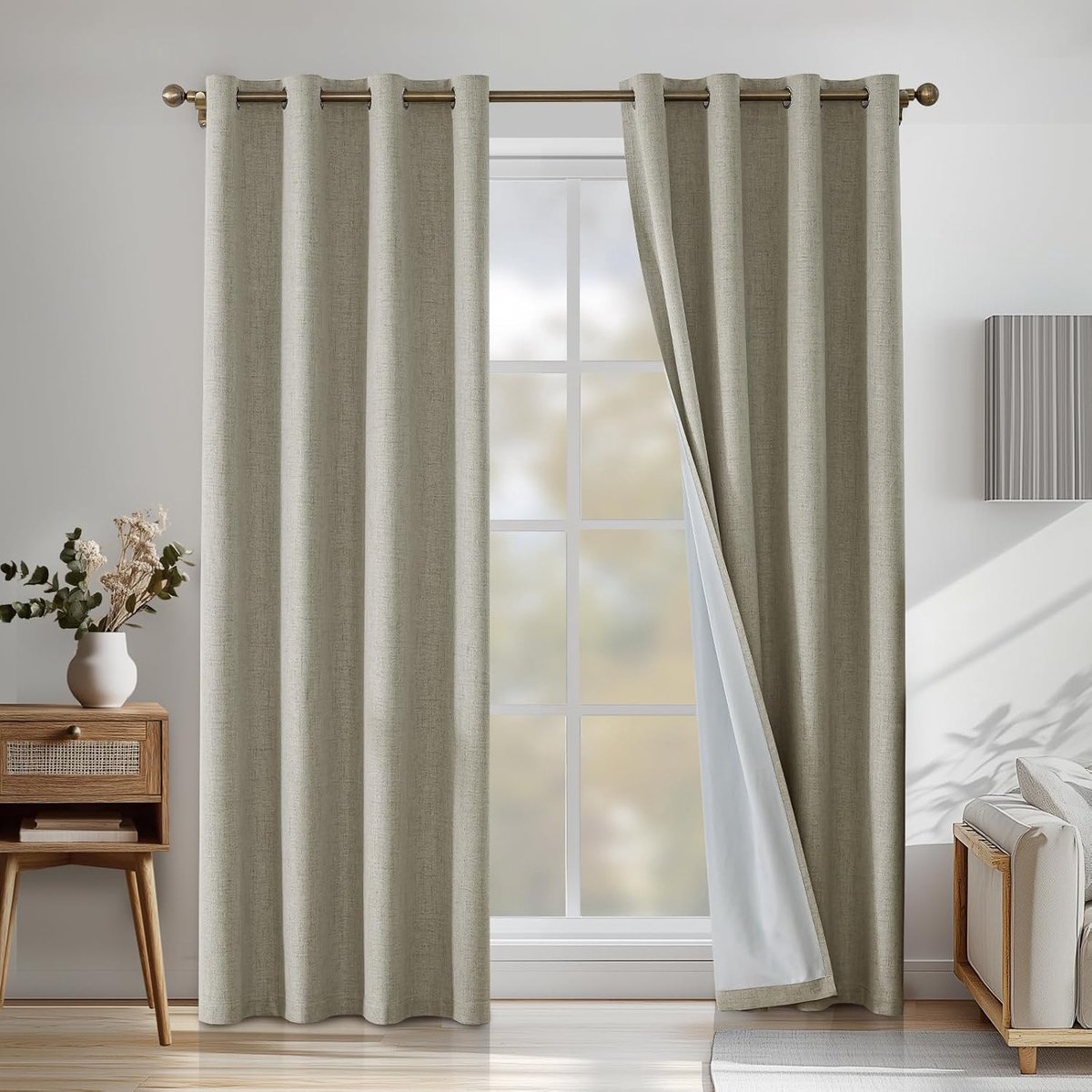 100% Verduisterend Linnen Effect Gordijnen Set Van 2, 140x225cm, Ondoorzichtig Warmte-Isolerende Thermische Gordijnen Met Ringen, Geluidsbescherming, Voor Slaapkamer Woonkamer, Lichtgrijs