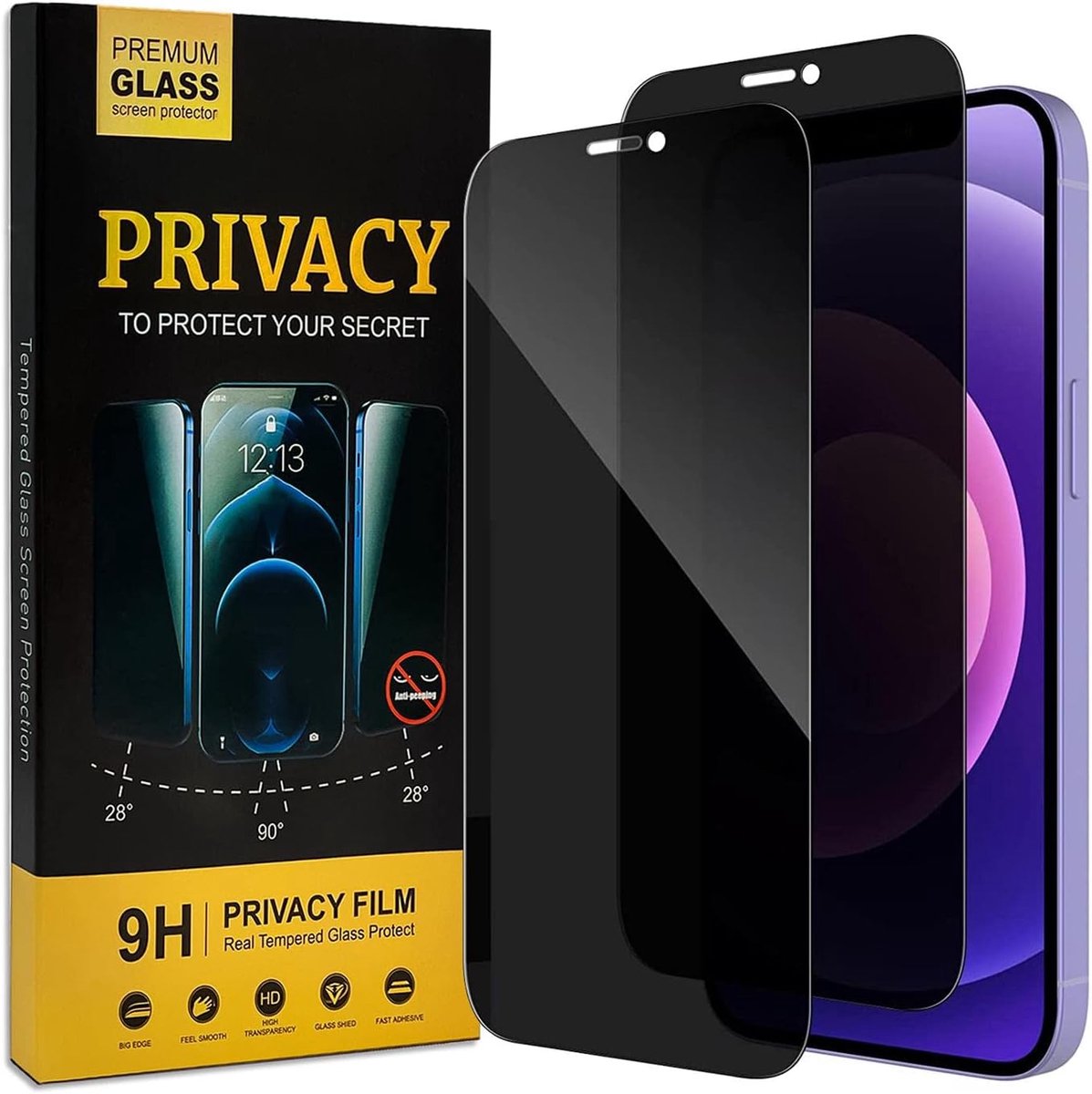 Inkijkbescherming Full Screen Privacy glas voor iPhone 12 Mini pantserbescherming glas folie anti-spy beschermfolie, 2 stuks