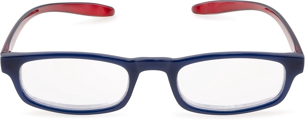 Hug, leesbril voor dames en heren, zelfklevende halsbril, verlengde en gebogen stangen, kleur blauw met rode staaf, dioptrie + 3,00, verpakking met brillenkoker, 19 g