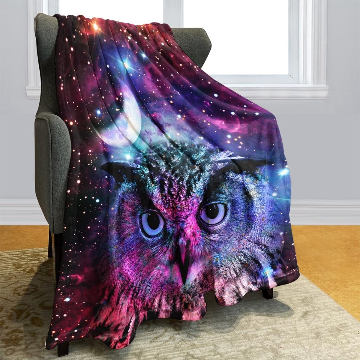 Dikke deken zachte warmte gezellige flanellen fleece sofadeken deken uil maan lila Galaxie universum dier 150 x 200 cm