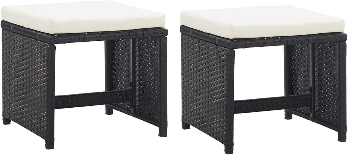 2 stuks tuinstoelen voor buiten van zwart rotan, 2 stuks tuinkrukken voor buiten van polyrotan, zwart, stoelen voor tuin, rotan, outdoor, rotan, 41 x 41 x 35 cm