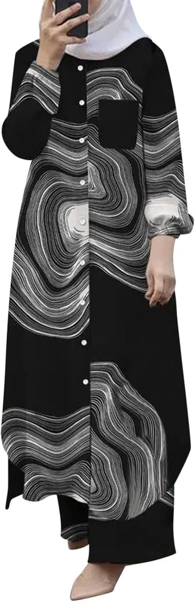 Moslim 2-delige sets voor dames, shirt met lange mouwen, button-down shirt, broek, abaya, vrijetijdsjurk, Dubai outfits (donkergrijs, S)