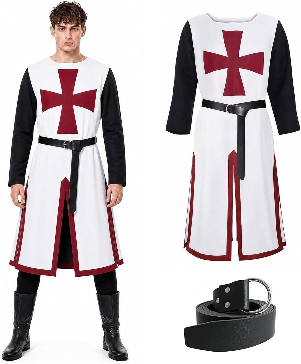 Ridderkostuum voor heren, kruisridder, Viking-tuniek met riem, tempelridder-outfit, zwart/wit, voor carnaval, carnaval en Halloween, cosplay-kostuum voor mannen