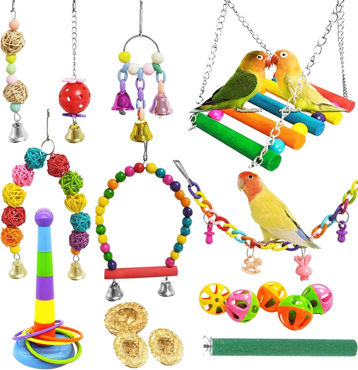 Speelgoed voor vogels, kauwspeelgoed voor vogels, speelgoed om op te hangen voor papegaai, vogeltraining speelgoed voor papegaai, valkparkiet, conure, onafscheidelijk, vinken