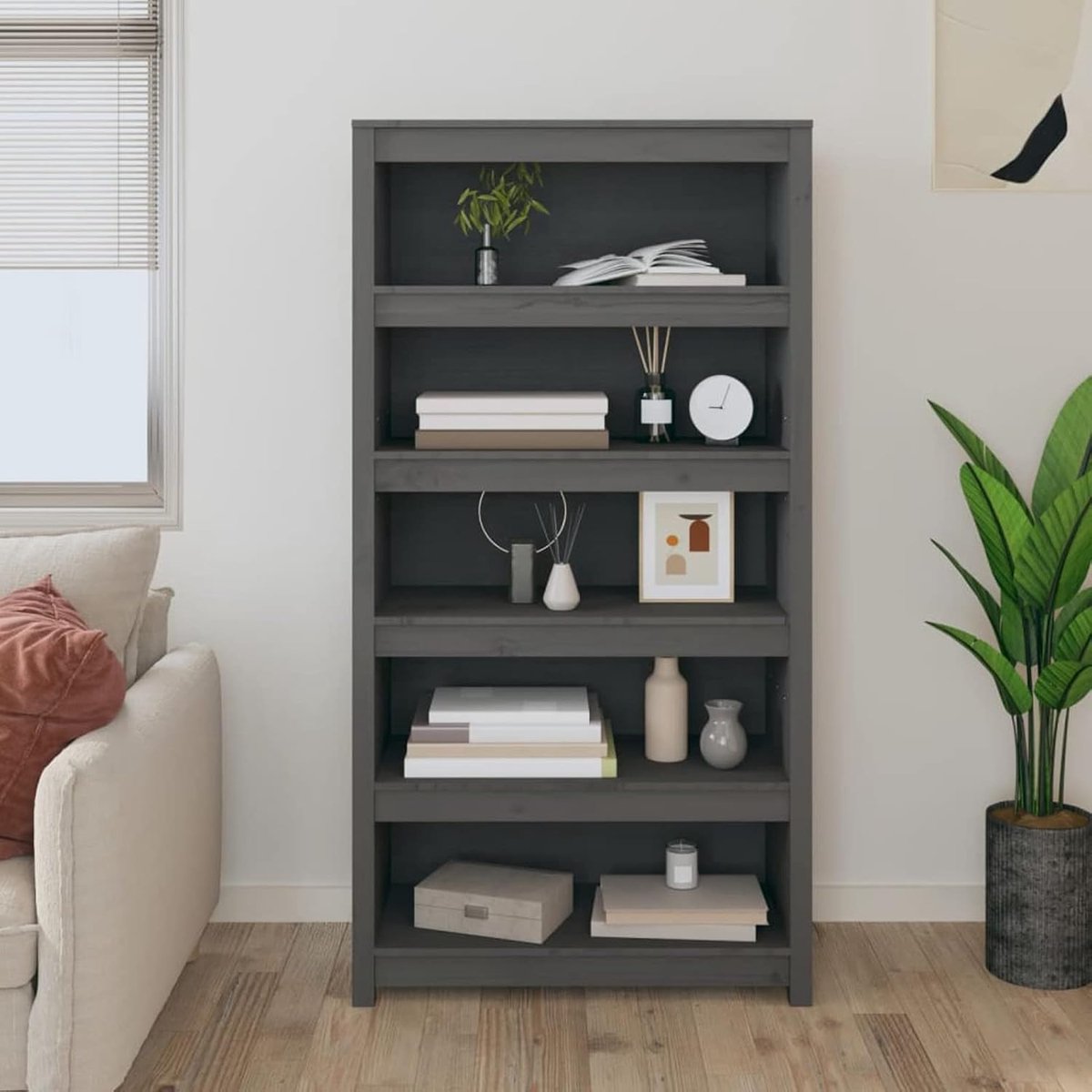 J821691 Boekenkast, grijs, 80 x 35 x 154 cm van massief grenenhout, boekenkast, opbergrek, boekenkast, cd-rek, boekenkast voor de woonkamer, grijs