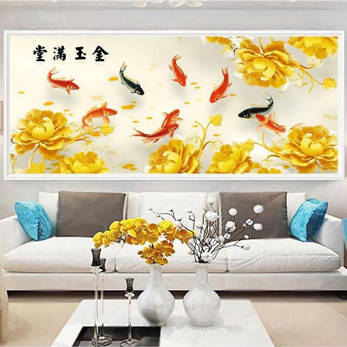 Diamond Painting voor volwassenen en kinderen, muurdecoratie, strass, borduurset, 5D DIY schilderen op nummer, diamant schilderijset, full drill goudvis met gouden bloem in Chinese stijl, vierkante