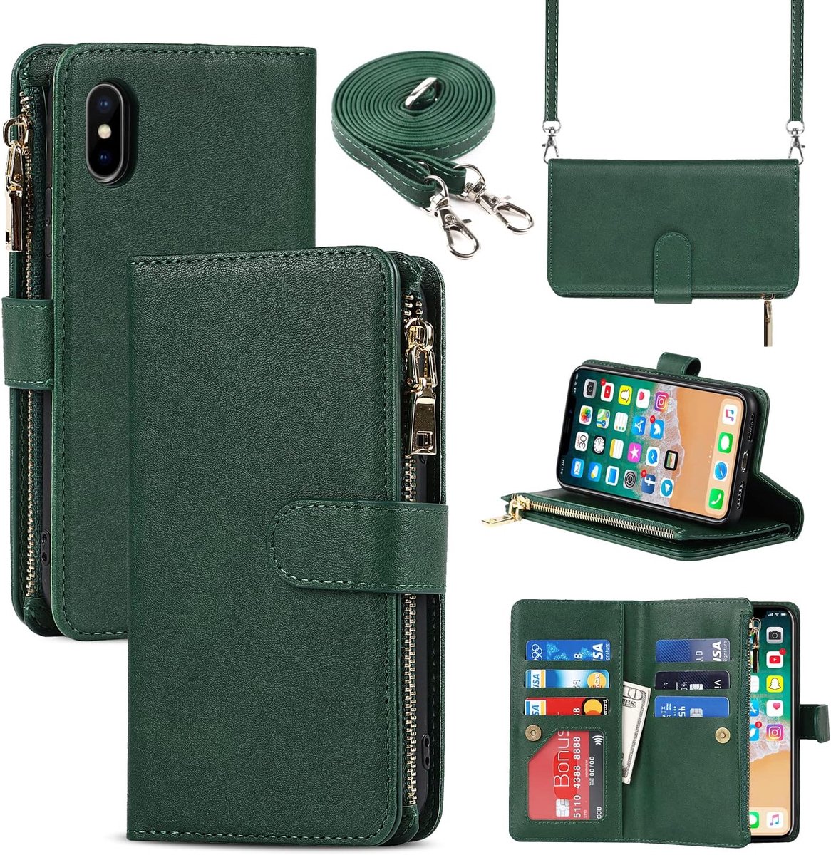 Telefoonhoesje met koord Compatibel met iPhone X/XS Case,Portemonnee Hoesje Lederen Telefoonhoesje,[9 Pasjeshouder],Kaarthouder Sleutelkoord Case Hoesje voor vrouwen - Donkergroen