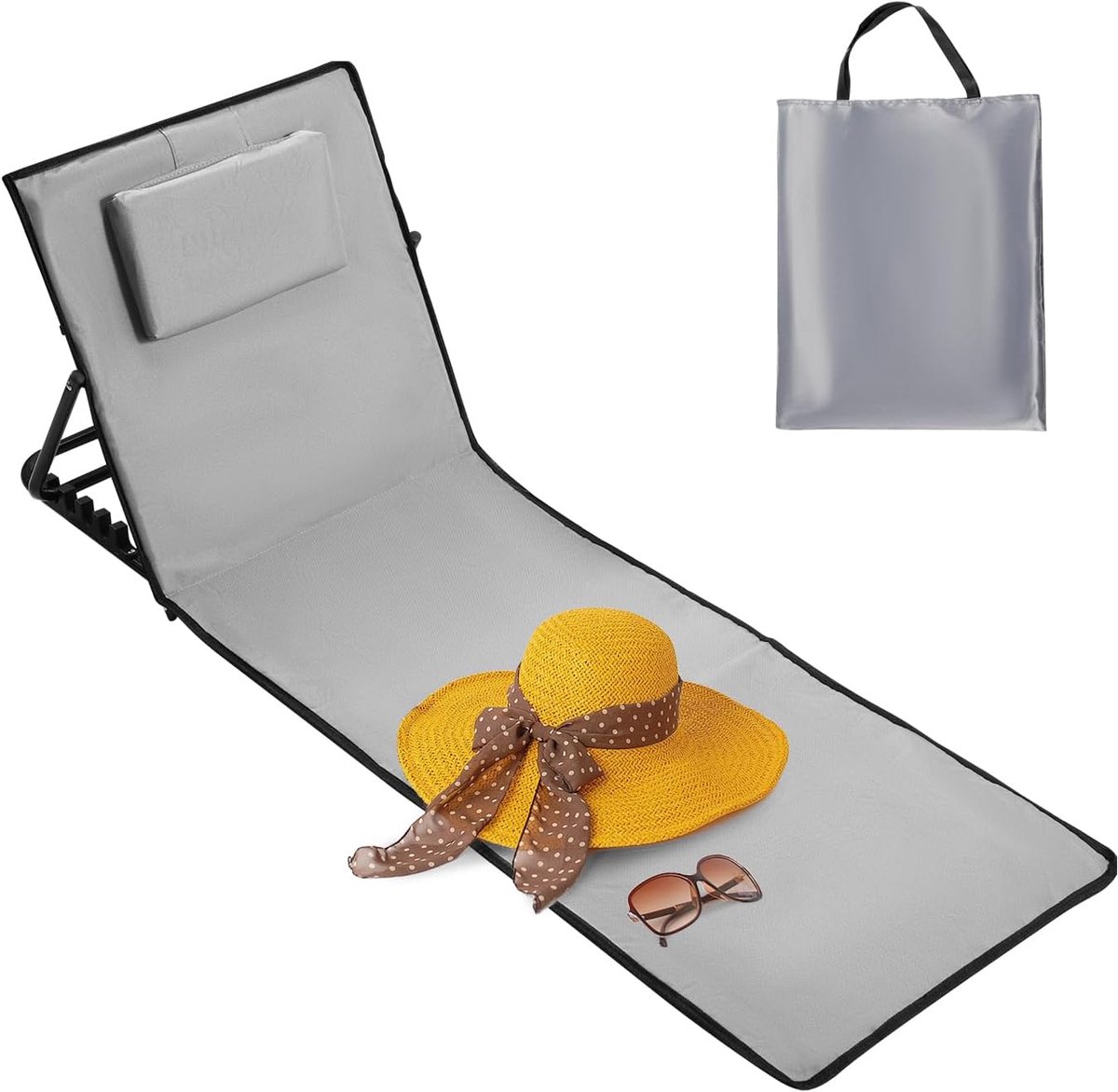 Zonnebed, strandmat, inklapbaar, draagbaar, inklapbaar, outdoorstoel, grijs, 5-traps verstelbaar, inclusief draagtas, lichtgrijs