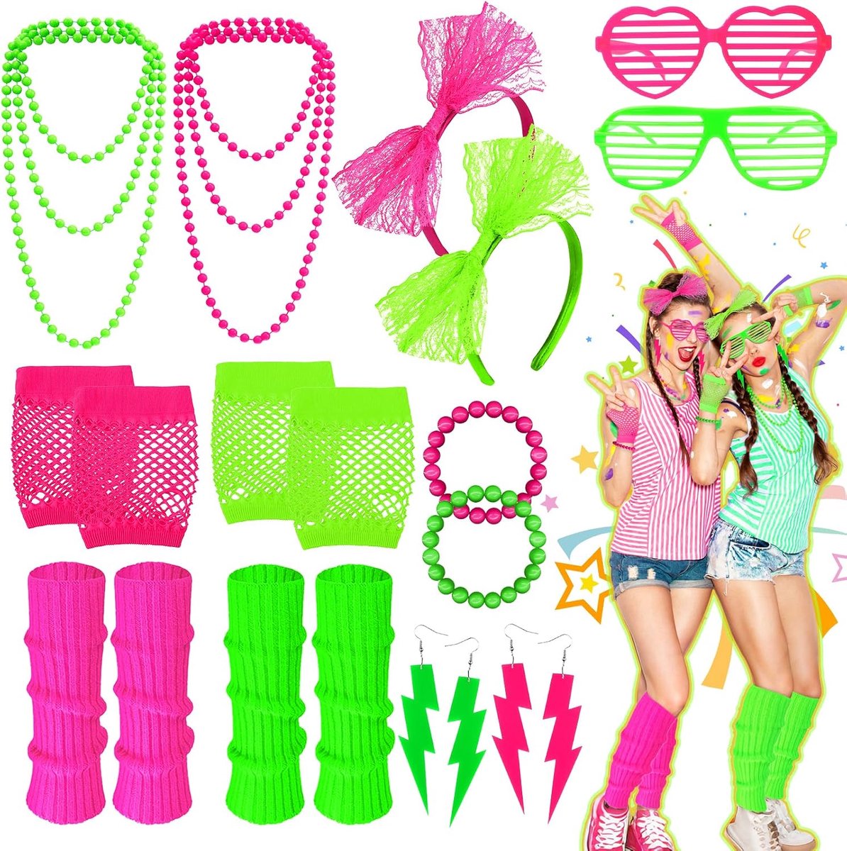 20Pcs 80s Costume Accessories Set for Women, Retro Neon Party Kit