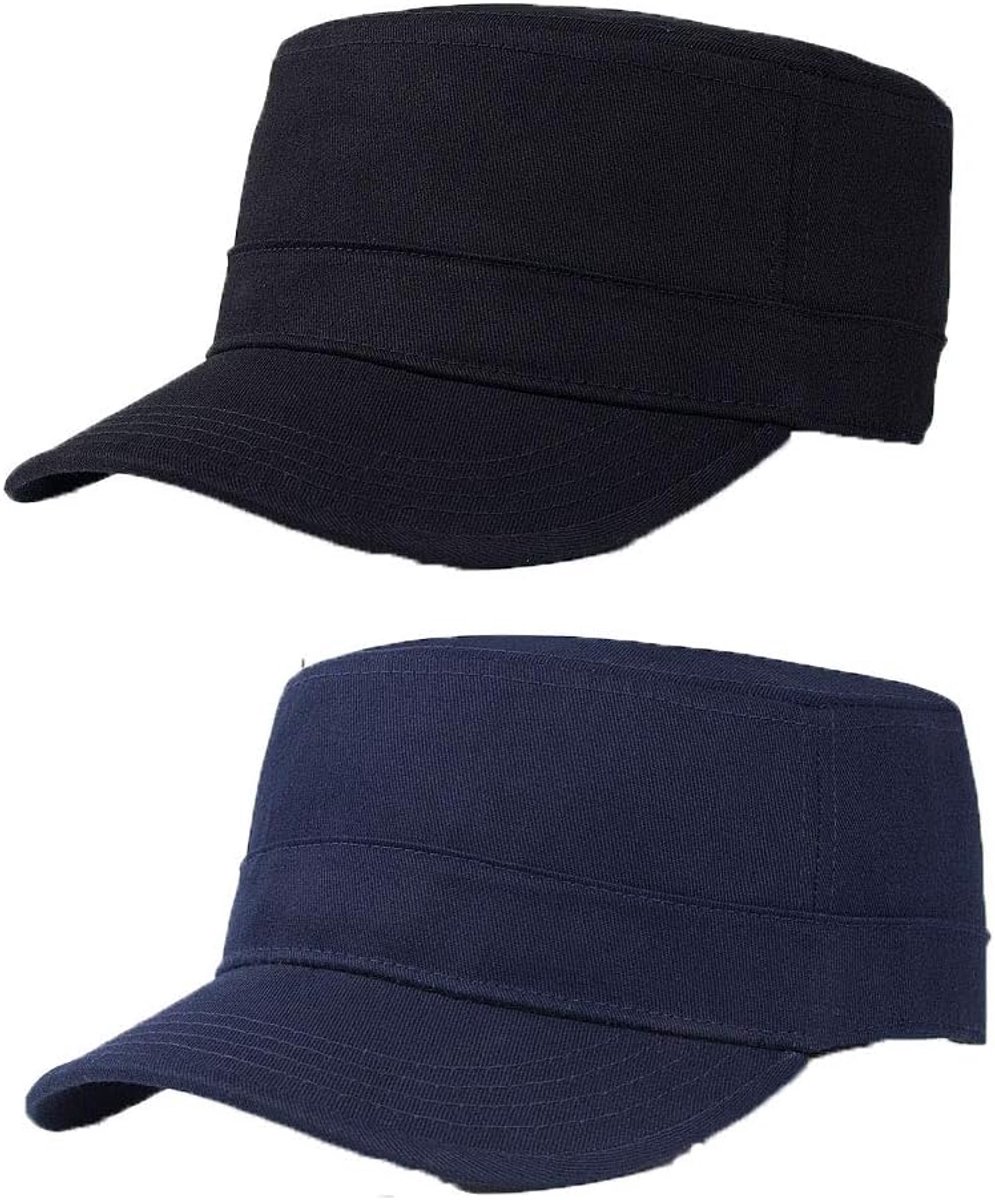 2 stuks platte baseballpet, katoenen legerpet, cadethoed, platte katoenen pet, verstelbare platte baseballpet voor mannen en vrouwen (zwart, marine), zwart, marineblauw, Eén Maat