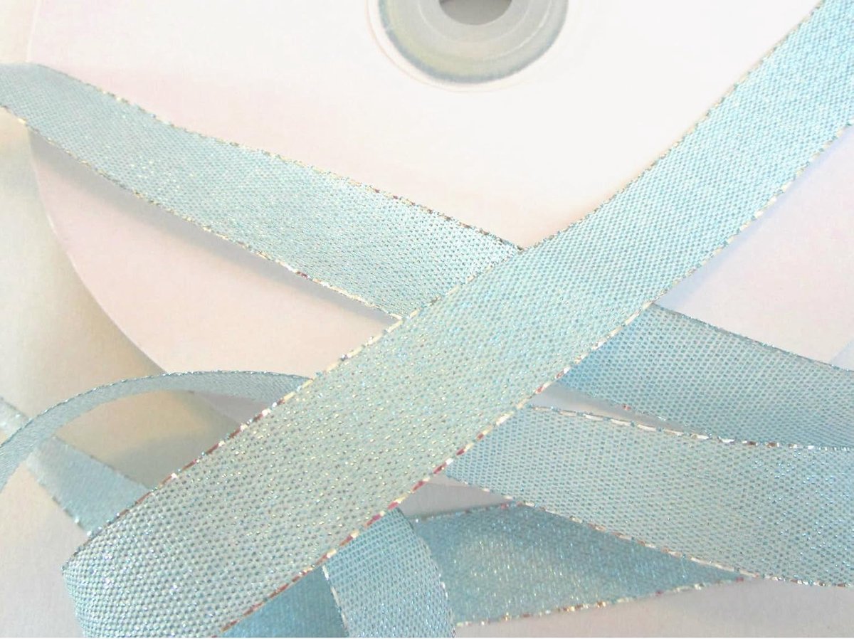 15 mm, cadeaulint, decoband, satijn, 1,5 cm breed, lichtblauw-zilveren rand, 50 m
