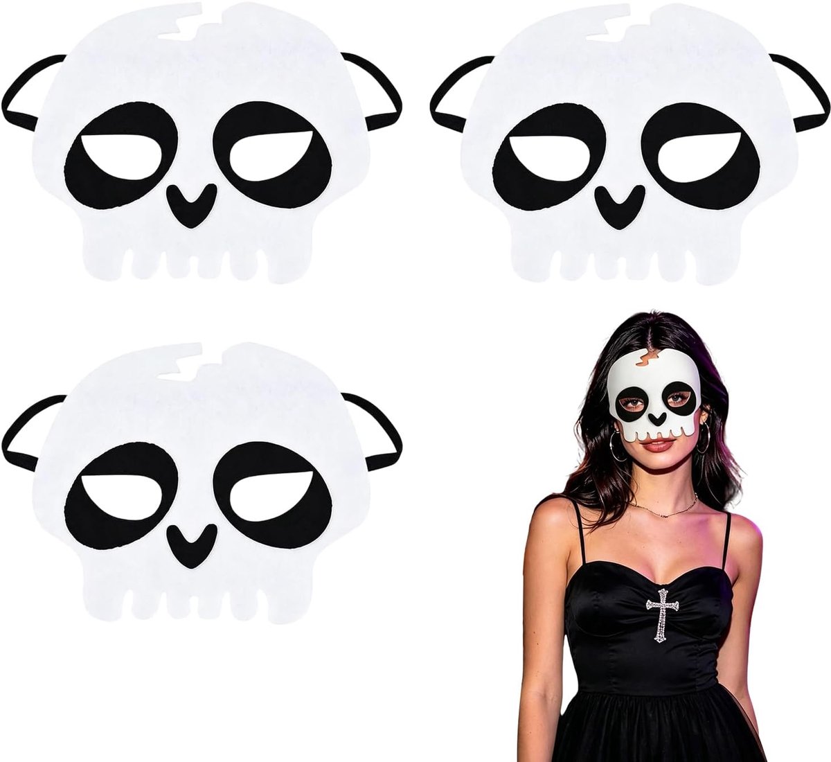 Set van 3 Halloween-maskers skelet van vilt, witte doodskopmasker voor kostuum, Halloween-party, carnaval, cosplay en verkleedpartij
