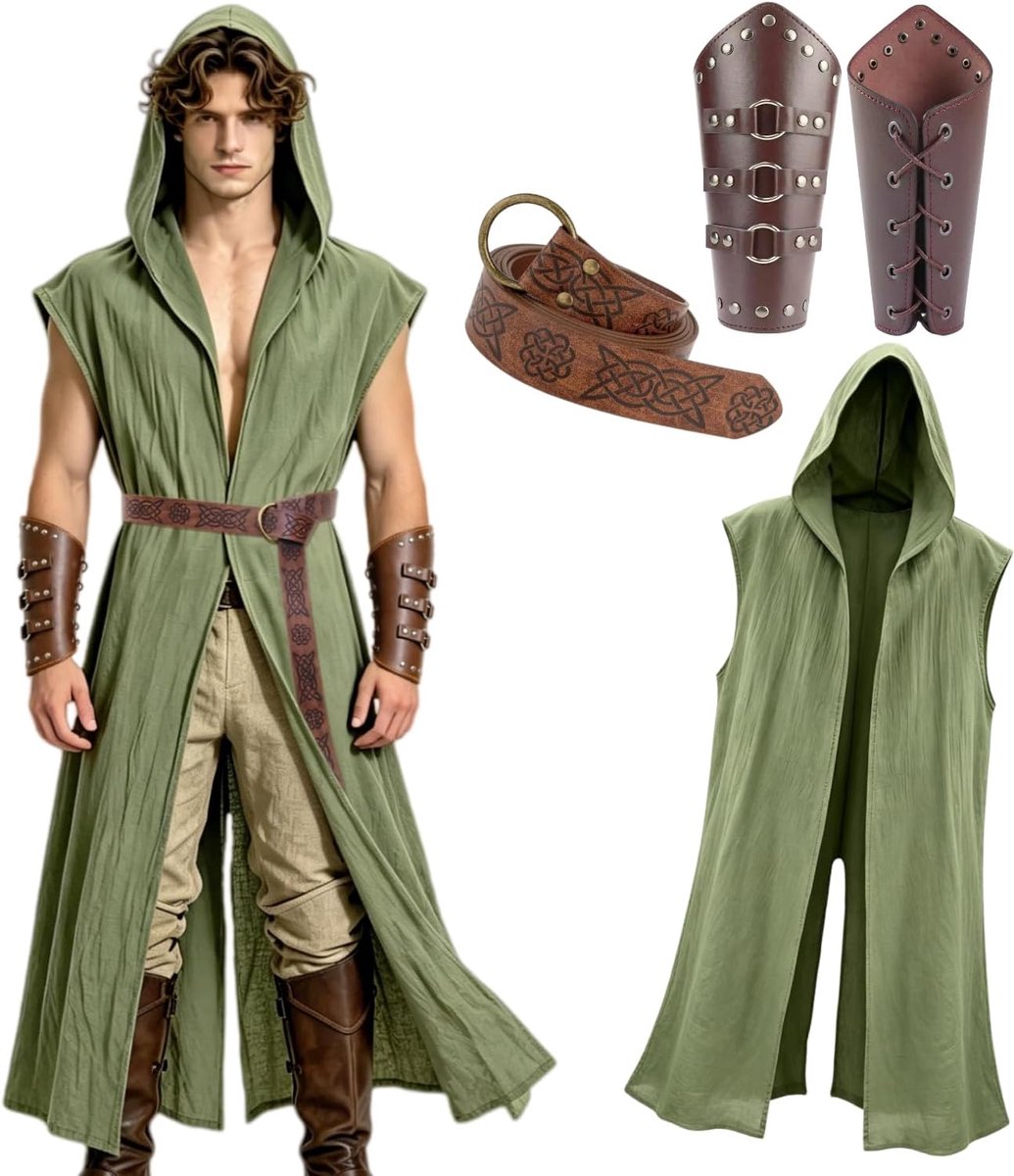 Kasahara Middeleeuws kostuum voor heren en dames, tuniek, mouwloos, capuchon, riem, bedrukt, armbanden, kostuum, Viking, ridder, tovenaar, Halloween, carnaval, uniseks, volwassenen